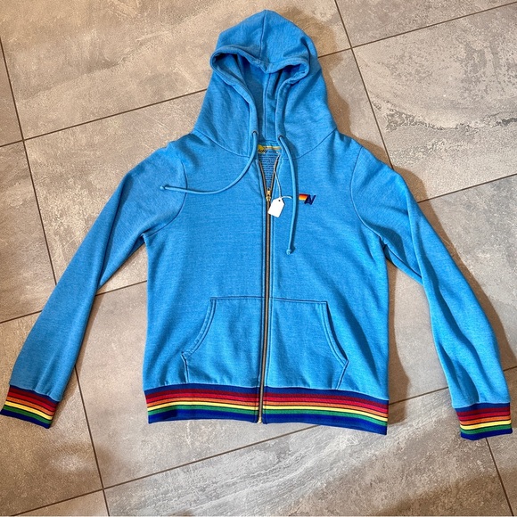 Aviator Nation Rainbow Rib Cuff Zip Up Hoodie Ocean Blue Turquoise Large NWT - Picture 6 of 15